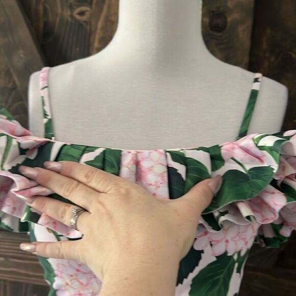 New Green Floral Print Beach Long Maxi Skirt Resort Casual Romantic Ruffle Top - Picture 10 of 16